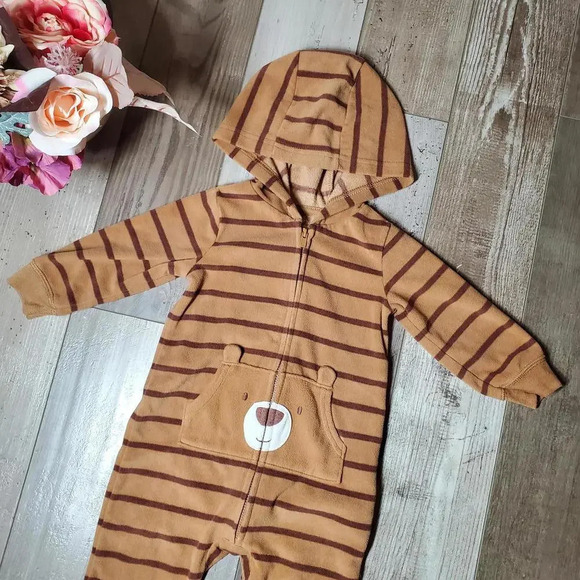 Just One You Carter's 12m Brown Striped Fleece Bear Jumpsuit Coverall Romper - Picture 9 of 12